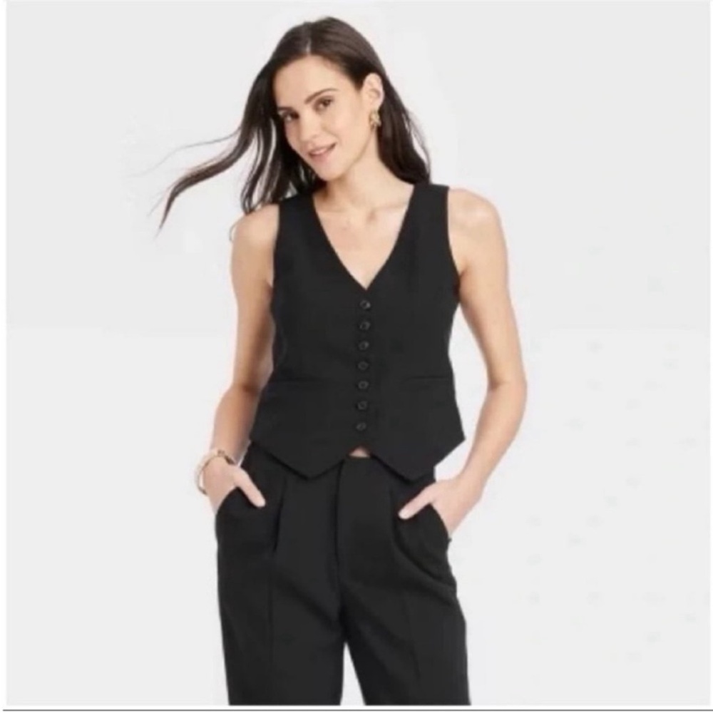 a new day Black linen button vest button down front Large L
